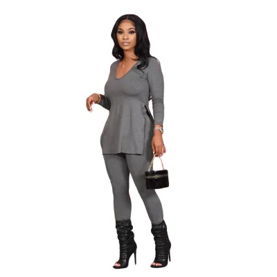 Women's sexy solid color V-neck split loose two-piece nightclub suit