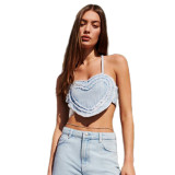 Summer women's sexy backless low-cut halter strap slim-fit washed denim vest