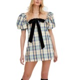 Summer women's plaid print lantern sleeve square neck dress bow short sleeve open back temperament short skirt