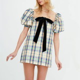 Summer women's plaid print lantern sleeve square neck dress bow short sleeve open back temperament short skirt