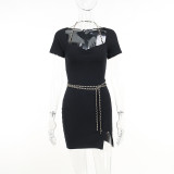 Summer chain halterneck short-sleeved dress fashionable temperament sexy hollow black short skirt