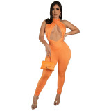 Women's Nightclub Solid Color Sexy Cross Hollow Pleated Slim Jumpsuit
