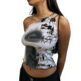 Summer women's fashion slanted shoulder print bandeau slim fit basic shirt vest