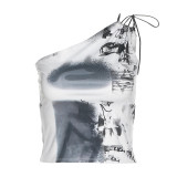 Summer women's fashion slanted shoulder print bandeau slim fit basic shirt vest
