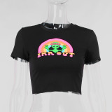 Summer rainbow cartoon anime print temperament commuter T-shirt women's black pullover cropped slim fit short sleeve