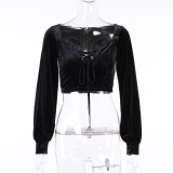 Velvet lace-up Lantern Sleeve Top Women's Fashion Sexy Slim Fit ruffles Solid Color T-Shirt