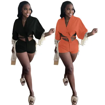 Fashion Women's Cotton Material V-Neck Button Tie Irregular Tassel Two-Piece Pants Suit