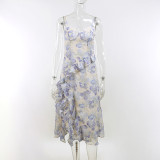 Spring and summer sexy deep V personality multi-layer ruffles large flower suspender dress female