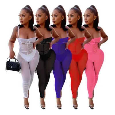 Women's Mesh Solid Color Pleated Jumpsuit with Panties