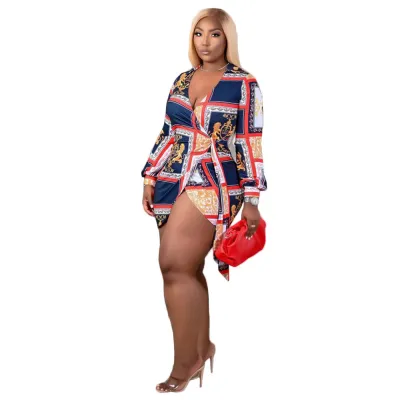 Women's Personalized Print Sexy V-Neck Tie Large Size Dress Short Skirt