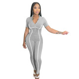 Women's Pull Strip patchwork Solid Color Sexy Slim Fit Long Jumpsuit