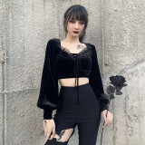 Velvet lace-up Lantern Sleeve Top Women's Fashion Sexy Slim Fit ruffles Solid Color T-Shirt