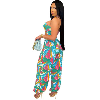 Women's personalized print sexy tube top suspenders loose leggings two-piece set