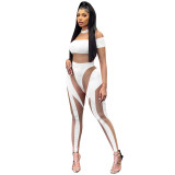 Fashion Sexy Nightclub Tight Mesh See-Through Long Sleeve Trousers Jumpsuit Women