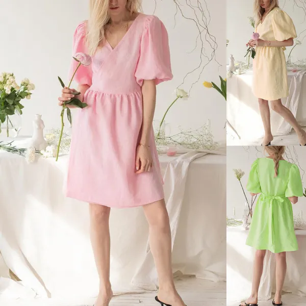 Women Summer V-Neck Tied Short Sleeve Dress