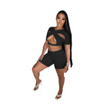 Women Summer Sexy Short-Sleeved Crop Top And Shorts Two-Piece Set