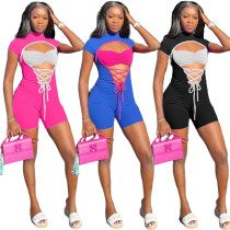 Women Summer Sexy Patchwork Cut Out Lace Up Colorful Jumpsuit