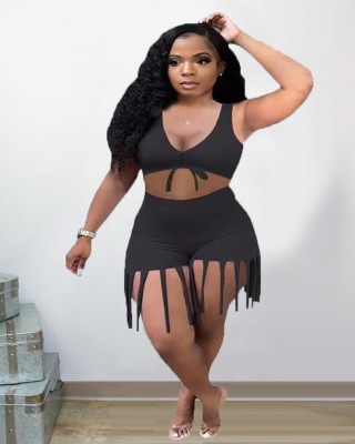 Plus Size Summer Women Solid Color Crop Top And Tassel Shorts Two-Piece Set