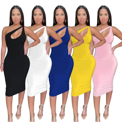 Women Solid Color Slanted Shoulder Dress