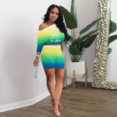 Women Summer Sexy Fashion Casual Suit Doll Sleeve Off Shoulder Gradient Top And Shorts Two Piece Set