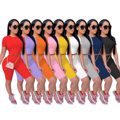 Women Solid Color Short-Sleeved Shorts Sexy Backless Tie Two-Piece Set