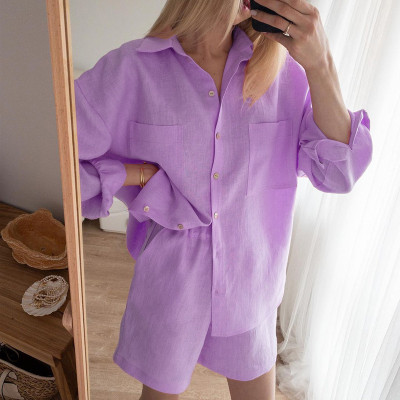 Women Solid Color Long Sleeve Shirt And Shorts Two Piece Set