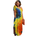 Women Summer Sexy Colorful Tie Dye Deep V Loose Slit Dress