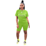 Women Casual Short Sleeve Hot Drilling T-Shirt And Shorts Two-Piece Set