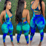 Women Summer Sexy Tie Dyed Cutout Strap Bikini Print Top And Pencil Pants Two Piece Set