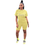 Women Casual Short Sleeve Hot Drilling T-Shirt And Shorts Two-Piece Set
