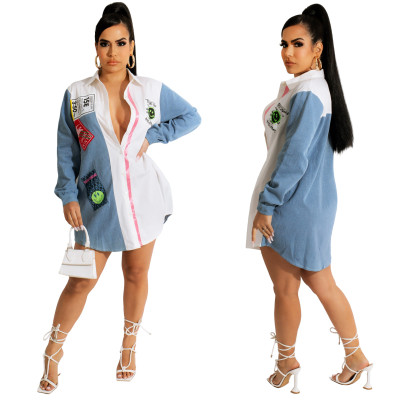 Spring Summer Fashion Women Casual Denim Patchwork Patches Mid Shirt Dresses