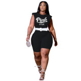 Plus Size Women Summer Letter Print Sleeveless Shoulder Pad Jumpsuit