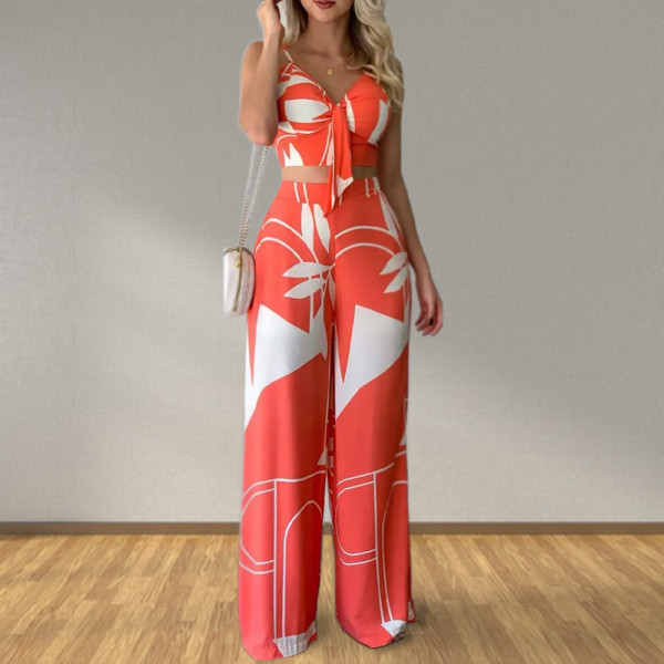 Women Summer Sexy Tube Top And Tie Loose Wide Leg Pants Print Two Piece Set