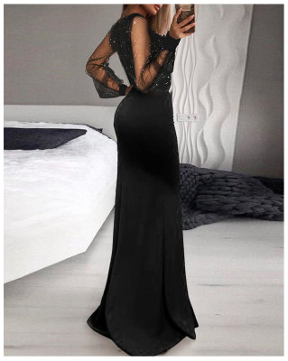 Long ruffled large swing split evening dress black beaded mesh puff sleeves European and American sexy dress