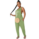 European and American Ladies Casual Loose Solid Color Round Neck Sleeveless Pocket Print Jumpsuit