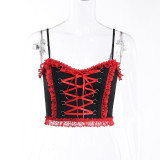 Gothic European and American spring and summer small straps sexy backless square neck lace-up vest women's clothing