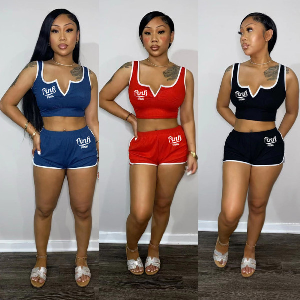 European and American women's letter print V-neck two-piece shorts set