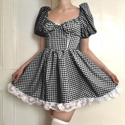 Gothic European and American spring and summer dress sexy plaid puff sleeve short dress women's clothing