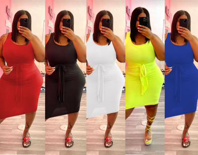 European and American women's solid color bodycon plus size sleeveless dress