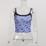 Gothic European and American spring and summer straps sexy bat print lace trim crop vest