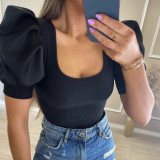 European and American summer women's fashion low-cut round neck puff sleeves patchwork slim chic short sleeve T-shirt top women