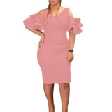 Summer solid color V-neck off-the-shoulder ruffled flare short sleeve bodycon chic African European and American dress