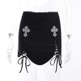 Gothic European and American spring and summer skirt solid color sexy lace-up pleated skirt women's clothing