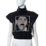 Women's Summer character Print Turtleneck Sleeveless Loose Vest T-Shirt Top