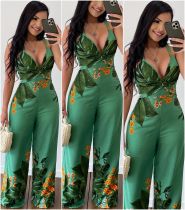 Women's Jumpsuit Sexy Deep V Sling Slim Casual Pants Trousers Print