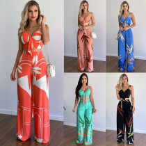 Casual suit summer V-neck short vest high-waist printed wide-leg pants two-piece set