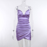 Spring and summer temperament sexy low-cut V-neck wrinkled short skirt party nightclub suspender dress