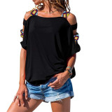 Women's Solid Color Cutout Short Sleeve Off Shoulder T-Shirt Top