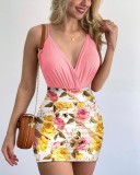 Sexy fashion suspender jumpsuit with trendy gathered print skirt