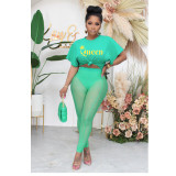 Women Summer Letter Print Top And Mesh See Through Pant Solid Color Two-Piece Set